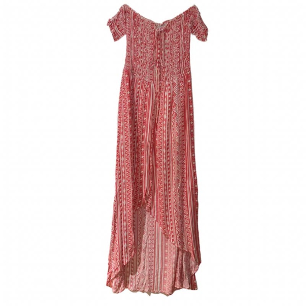 SALTY LEMON PINK CREAM GEOMETRIC BOHO HI LOW DRESS SMALL